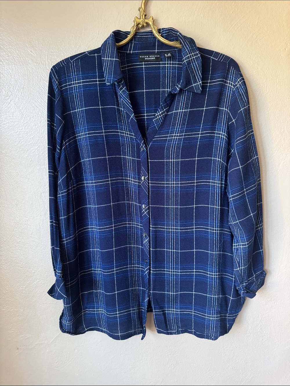 Susan Graver Werkend Woven Cotton Button up Blouse Size Large Petite